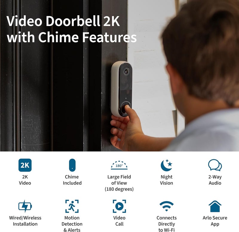 ARLO Video Doorbell 2K + Chime 2 (2nd Gen, Latest Release), Wireless or Wired Option, 2-Way Audio, Night Vision, Head to Toe View, Package Detection, Person & Vehicle Recognition, 1-Month Secure Plan - Image 2